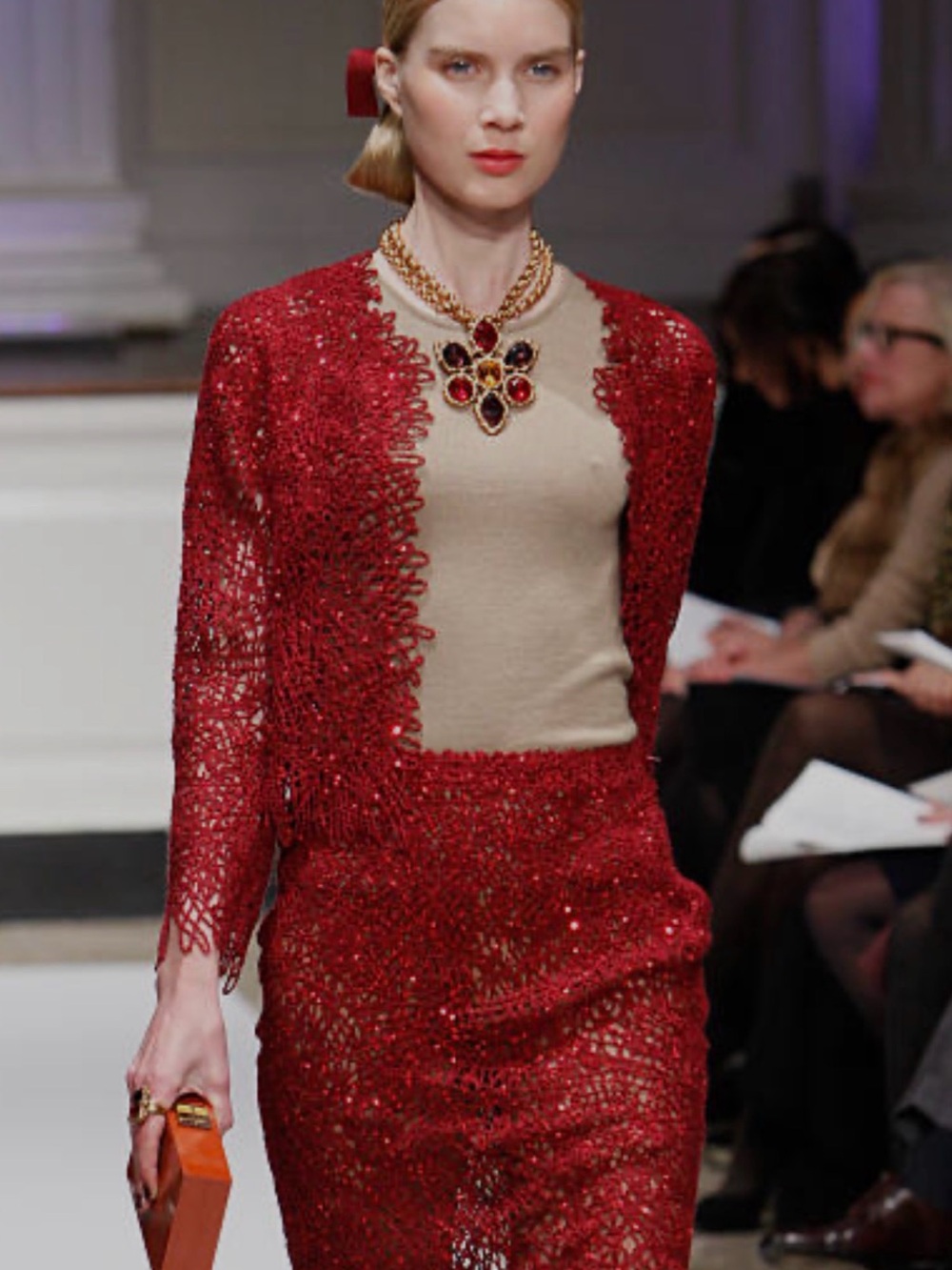 Oscar de la Renta Prefall ‘12 Runway Sample, Crochet Sequin Fringe Skirt,Red, XS